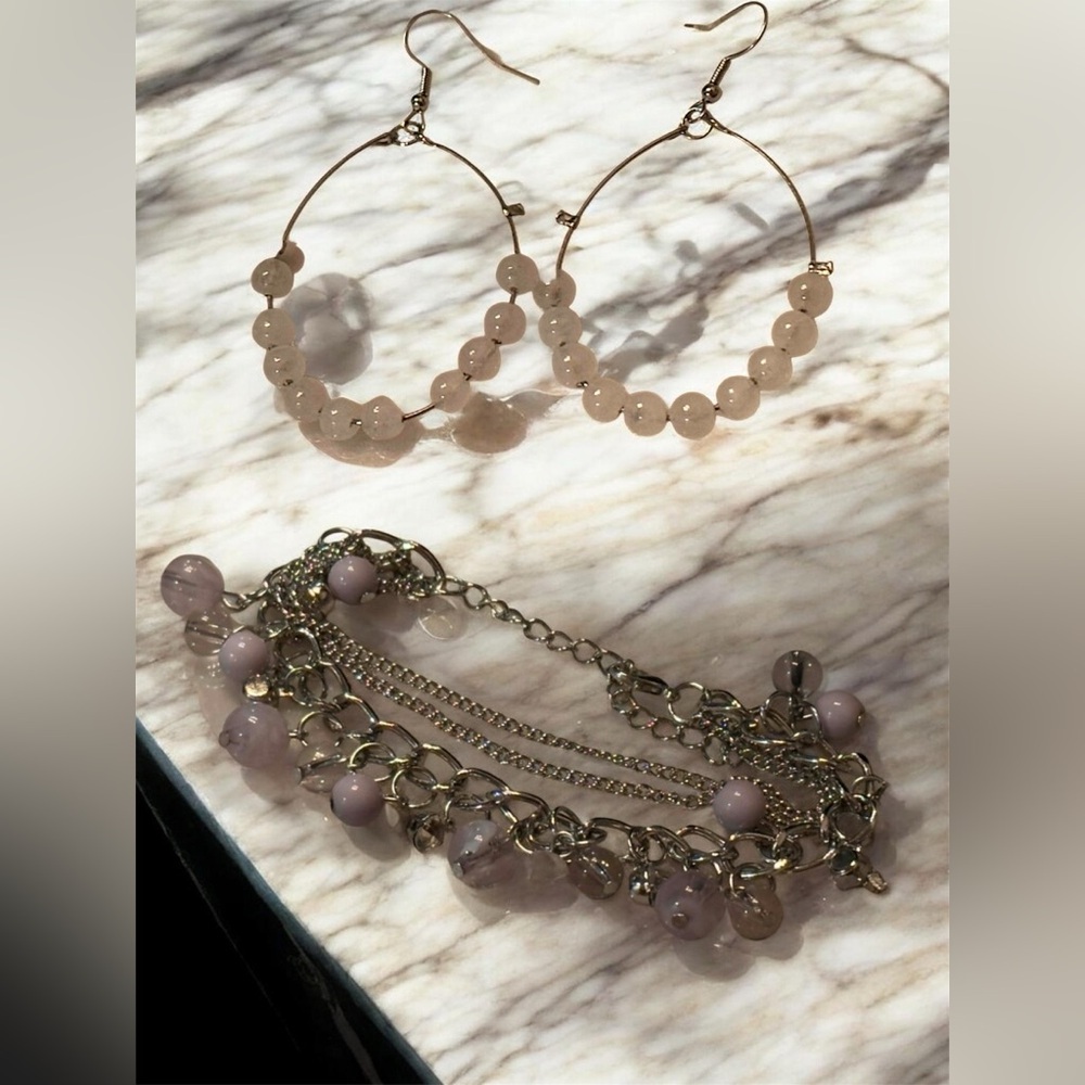 Silver Matching blush pink bead set hoop drop earrings & layered charm bracelet